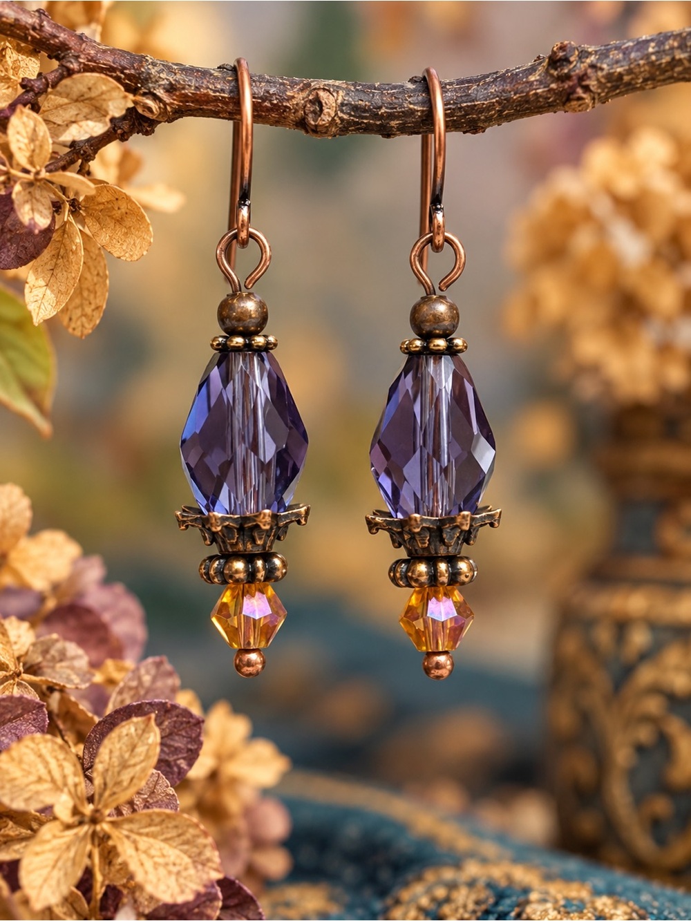 Handmade Purple Faceted Crystal Amber Copper Earrings